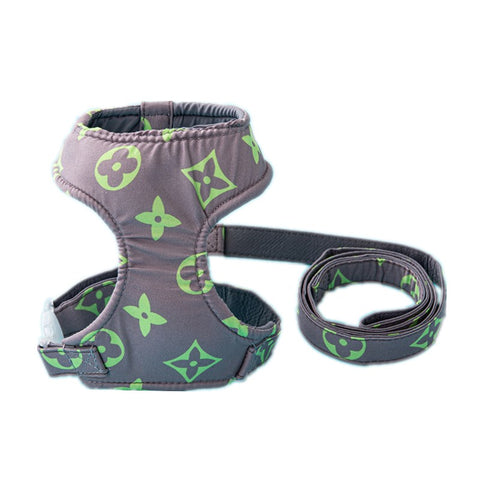 lv dog harness & lead grey/green